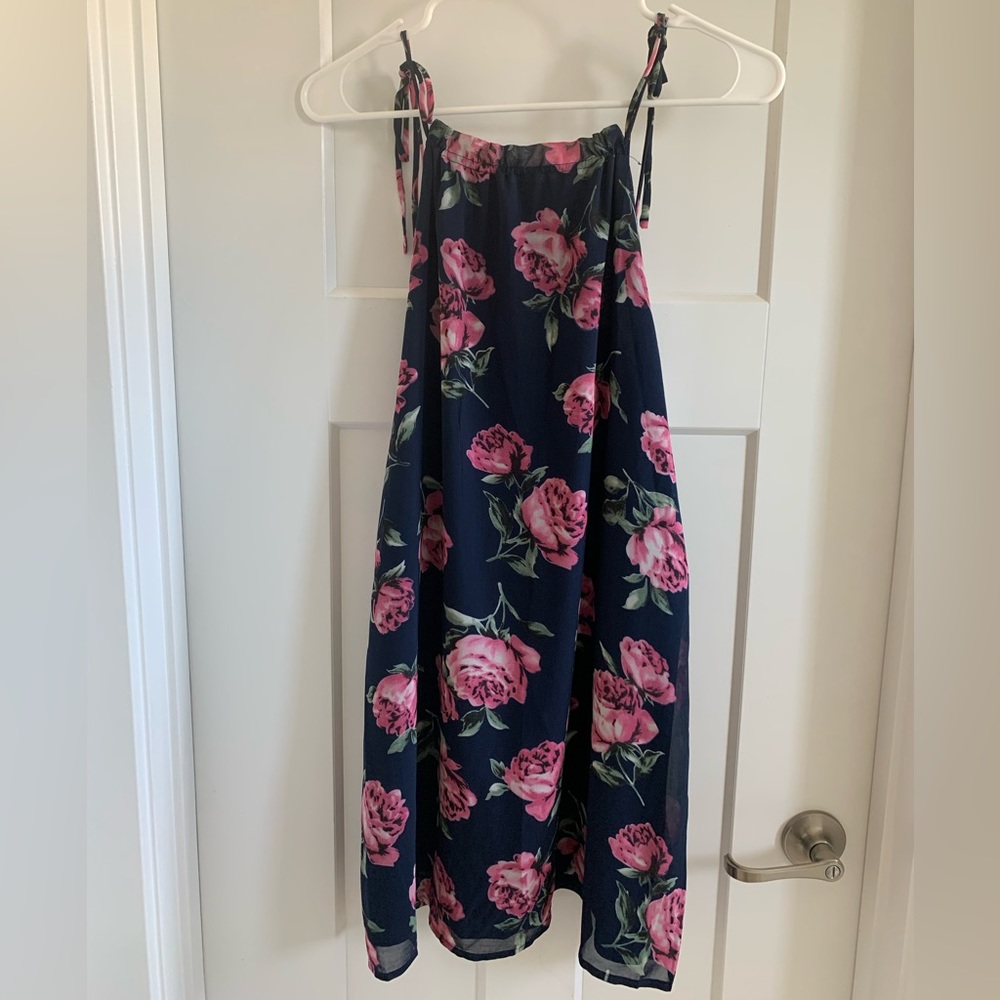 Navy adjustable strap dress with purple/pink foral. Size small.